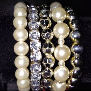 Like New Vintage looking 5 row stretch bracelet strands of Silver and Pearls